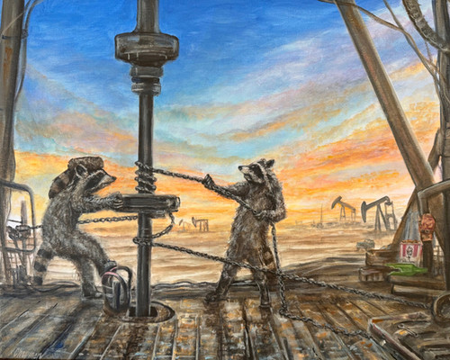 Raccoon roughnecks. Kip and Ricky working on an oil drilling