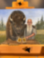 Thumbnail: Bison and man make friends and share a beer original painting 11“ x 14“