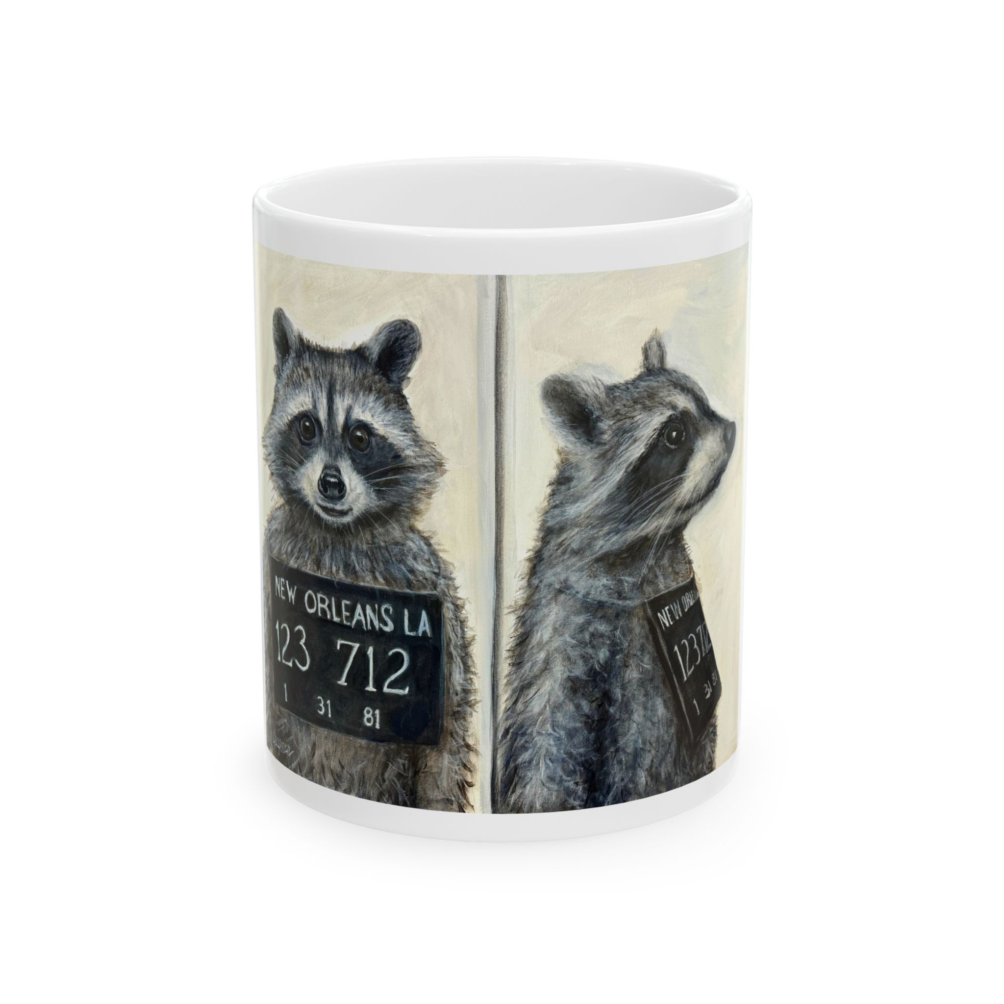 Kip, the raccoon mug shot arrested for malicious mischief. Mug 11oz or 15oz