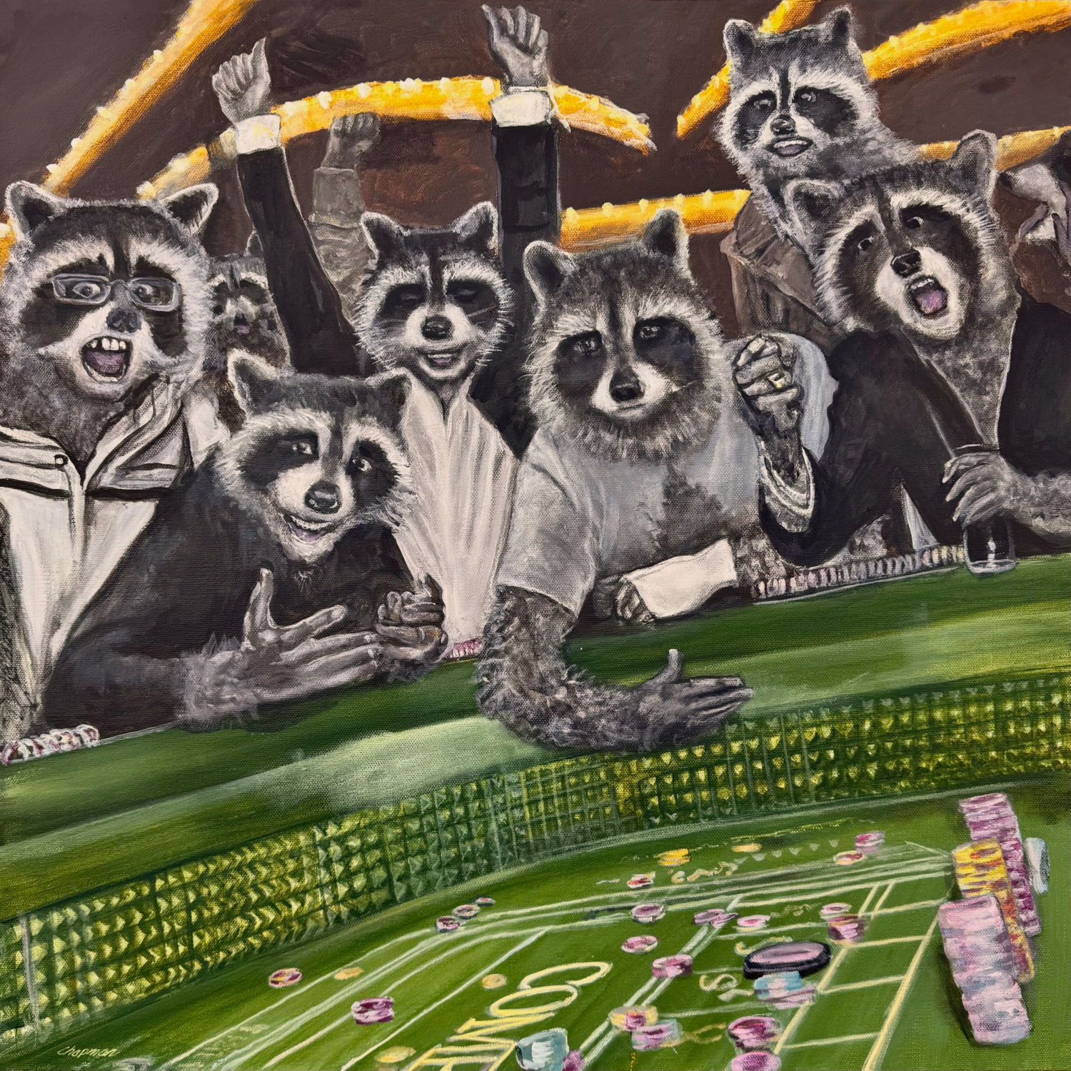 Raccoons around a craps table gambling from hangover movie facial expressions