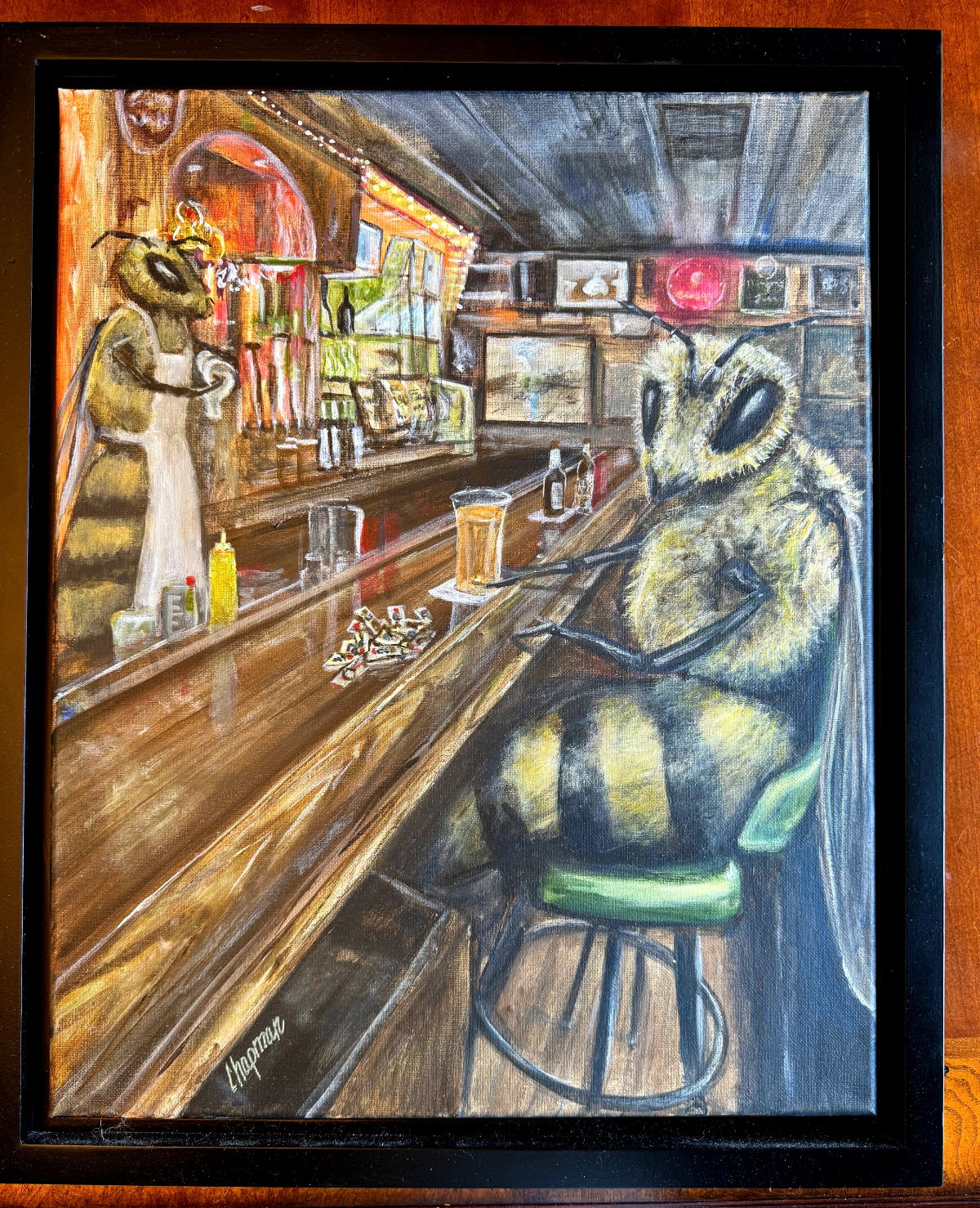 Bar Bee be sitting in a bar drinking beer and playing pull tabs original. Barbie. with frame