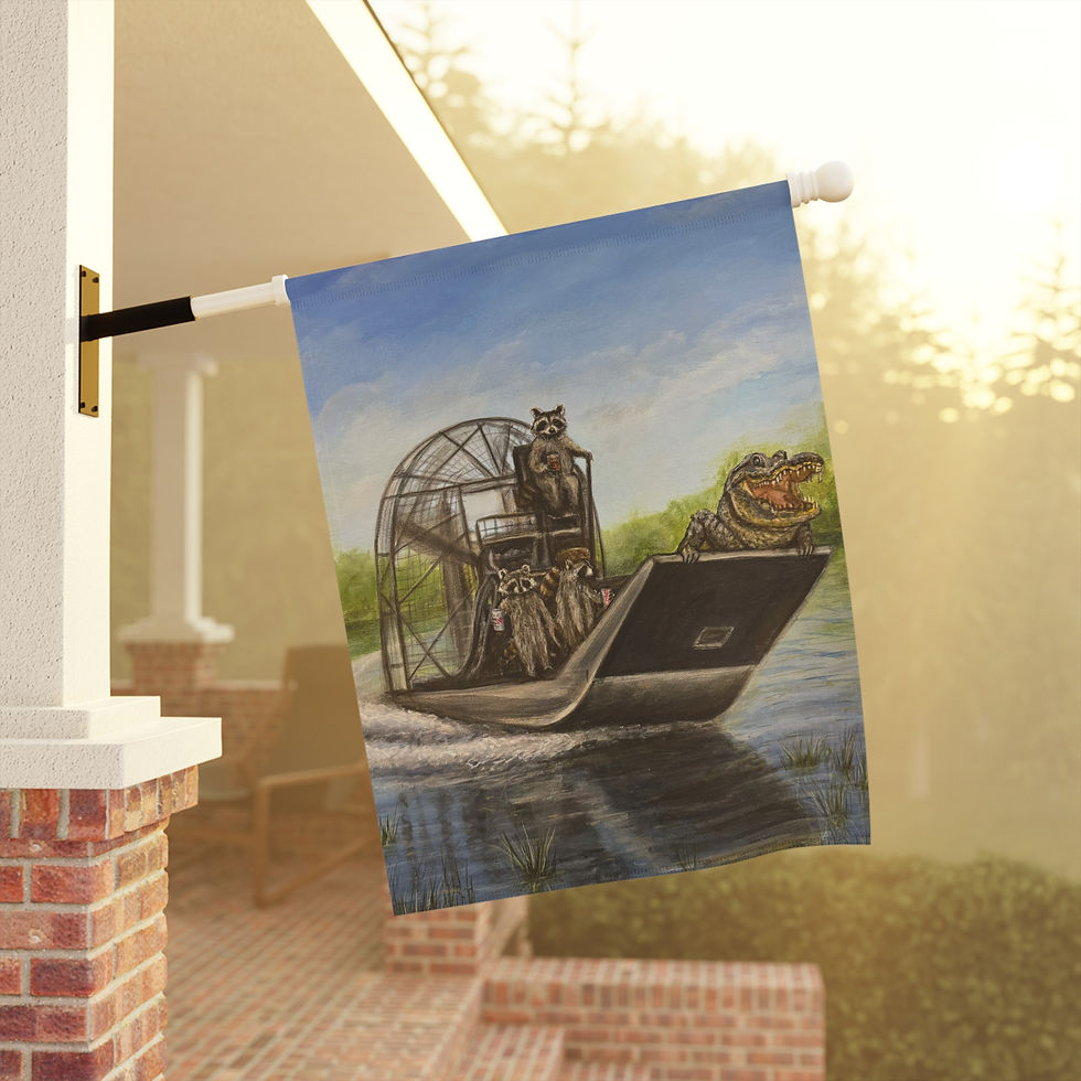Thumbnail: Kip the Raccoon and friends riding in a airboat. Garden & House Banner