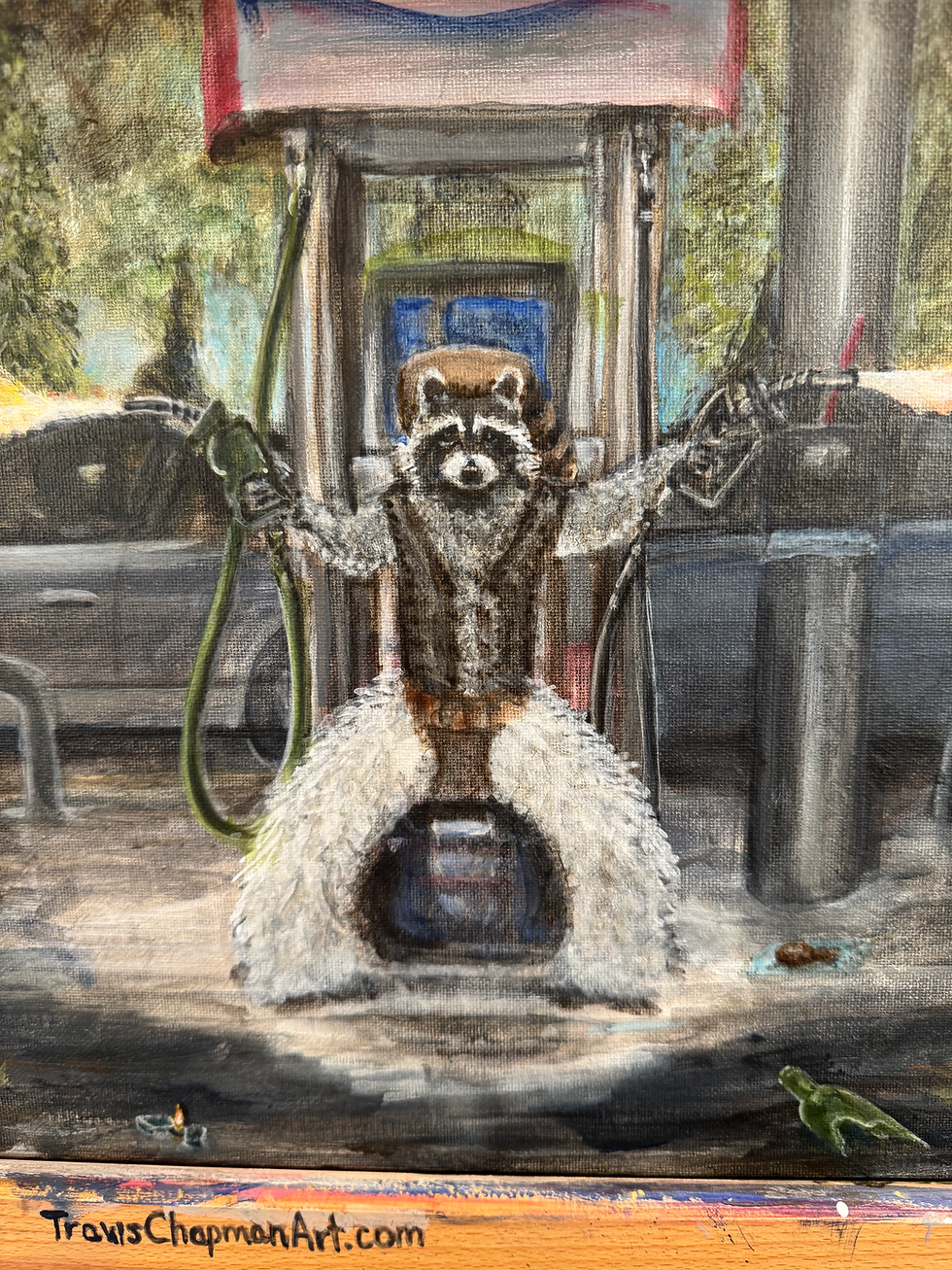 Thumbnail: Ricky raccoon flamethrower gas station with raccoon face background original