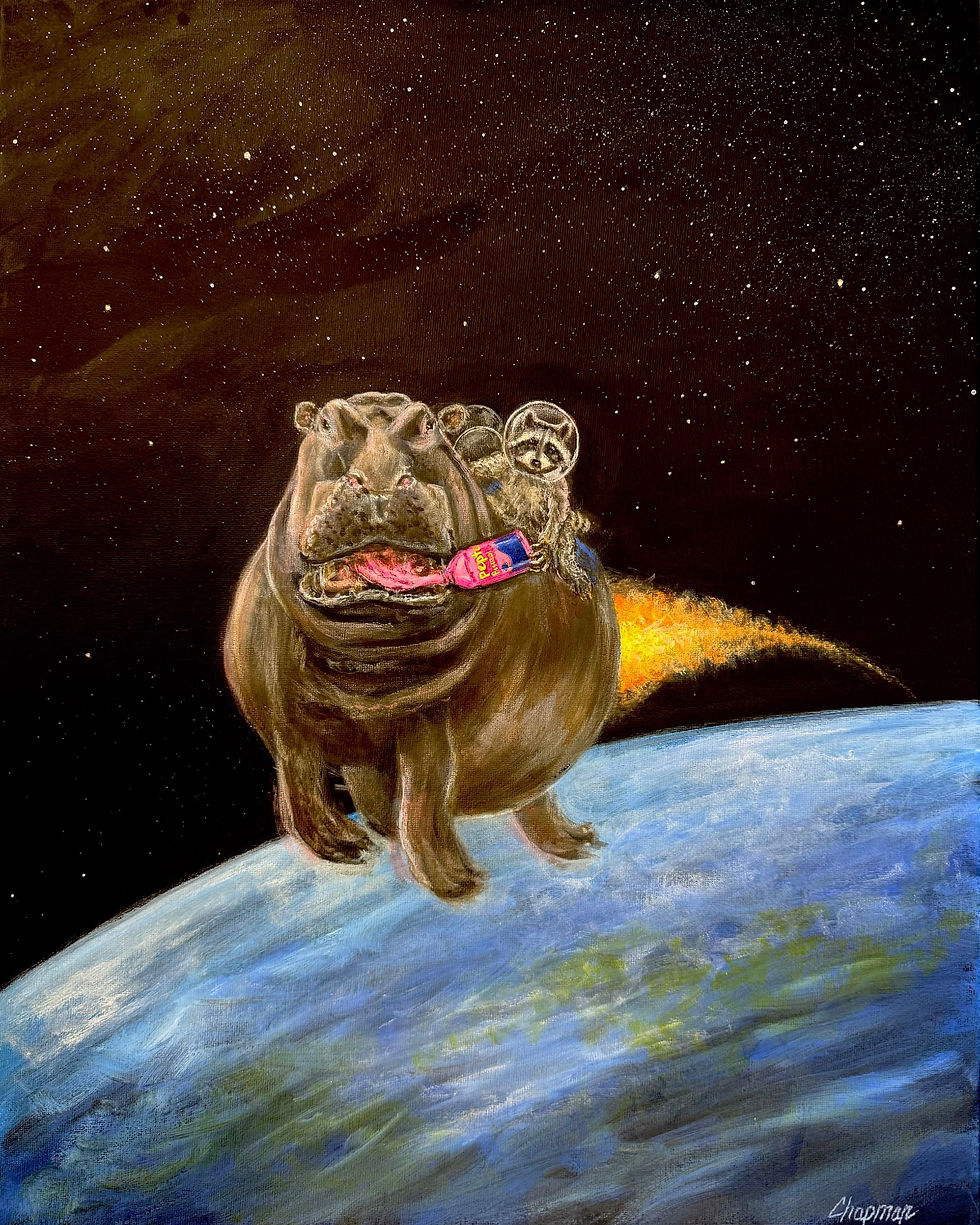 Kip the raccoon feeding pepto-bismol to a hippo during reentry from space.