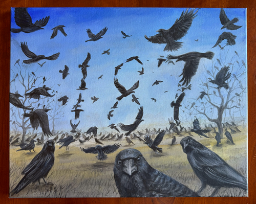 Murder of crows forming a 187 original acrylic painting 16” x 20