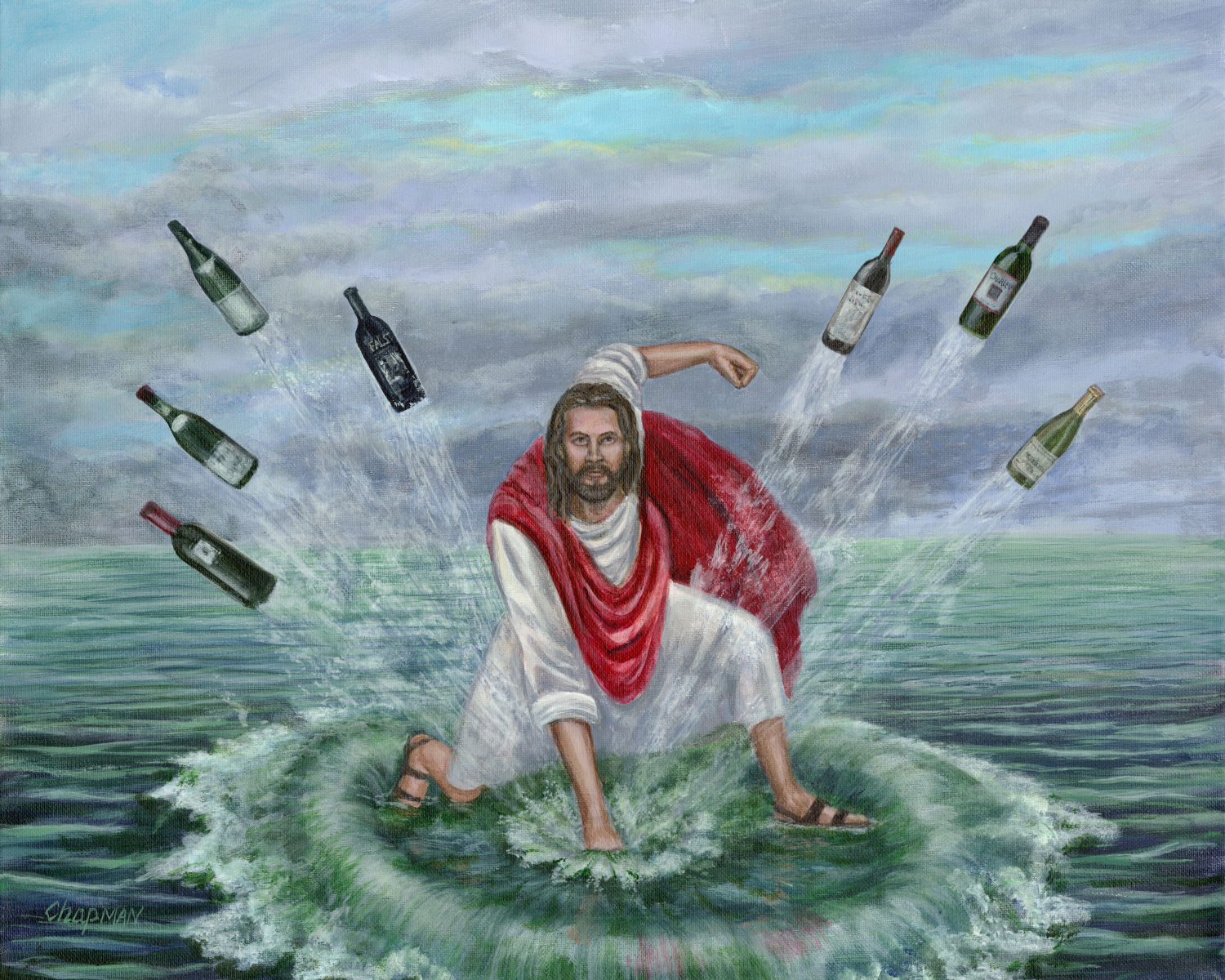 Jesus turning water into wine. Super hero pose on the Sea of Galilee.