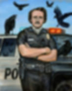 Edgar Allan po-po Poe as a police officer. Ravens, police cruiser background.