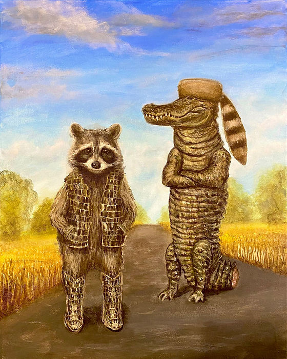 The gift exchange. Raccoon and alligator posing with raccoon hat