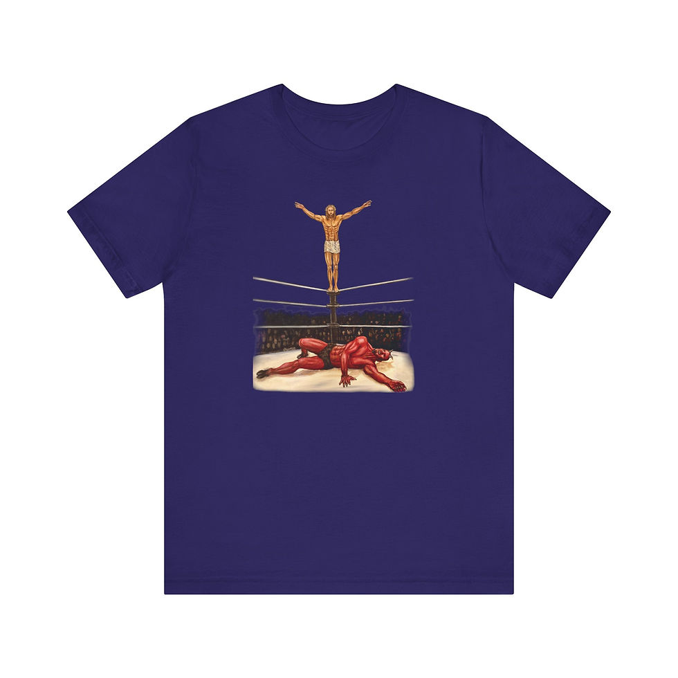 Thumbnail: Jesus beats the devil in a pro wrestling match. Jersey Short Sleeve Tee. 