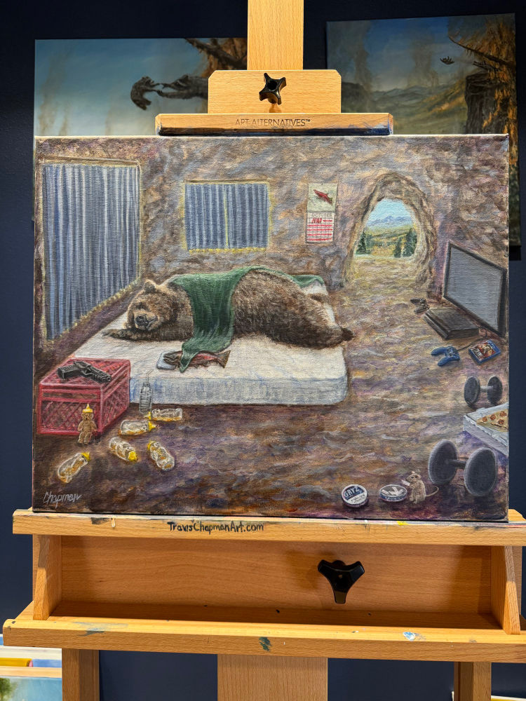 Bare necessities for bear hibernation sleeping on a mattress original painting