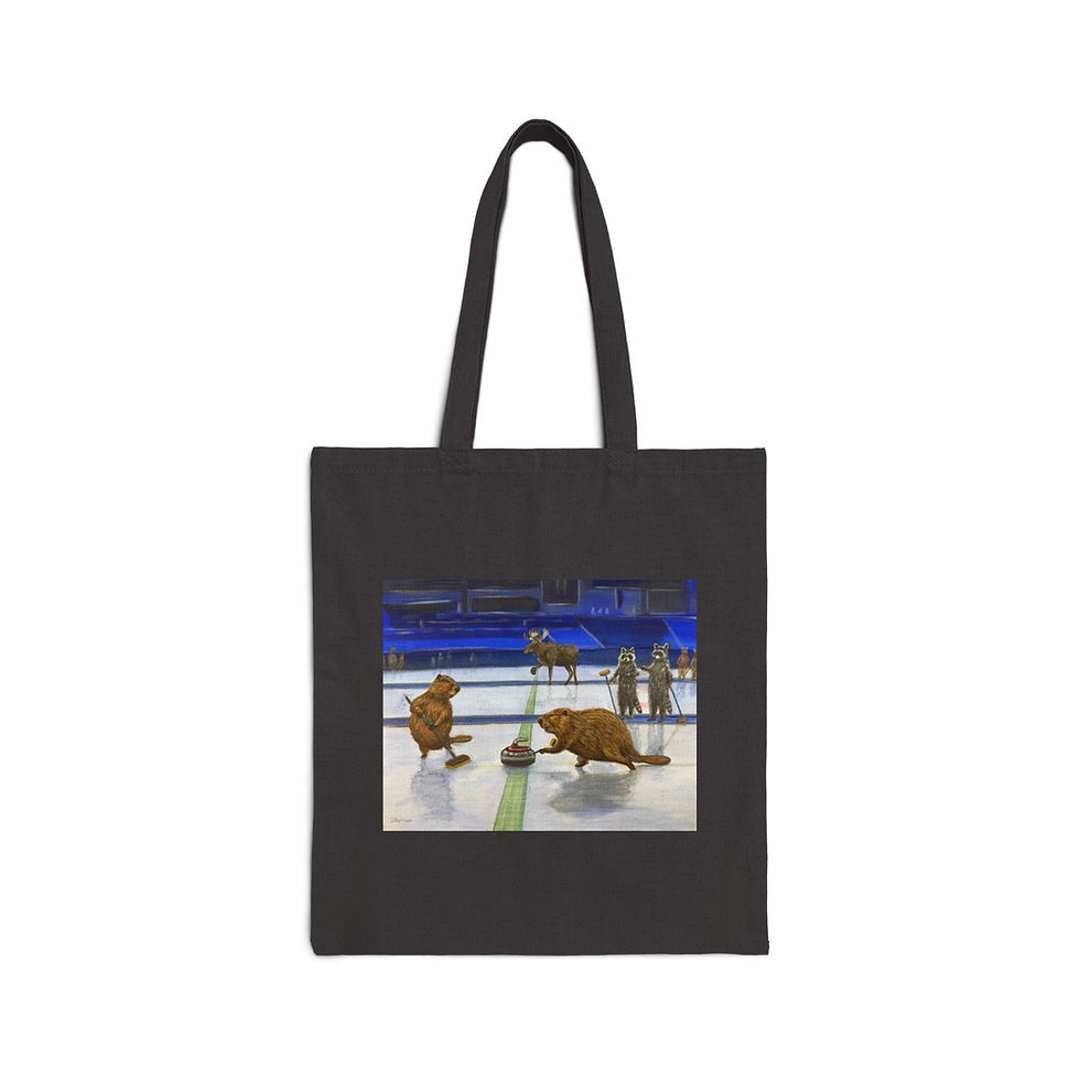 Thumbnail: Olympic curling beavers, raccoons and moose. Cotton Canvas Tote Bag.