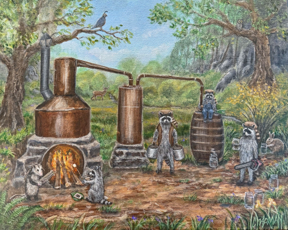 The moonshiners kip and raccoons making alcoholic spirits in the woods
