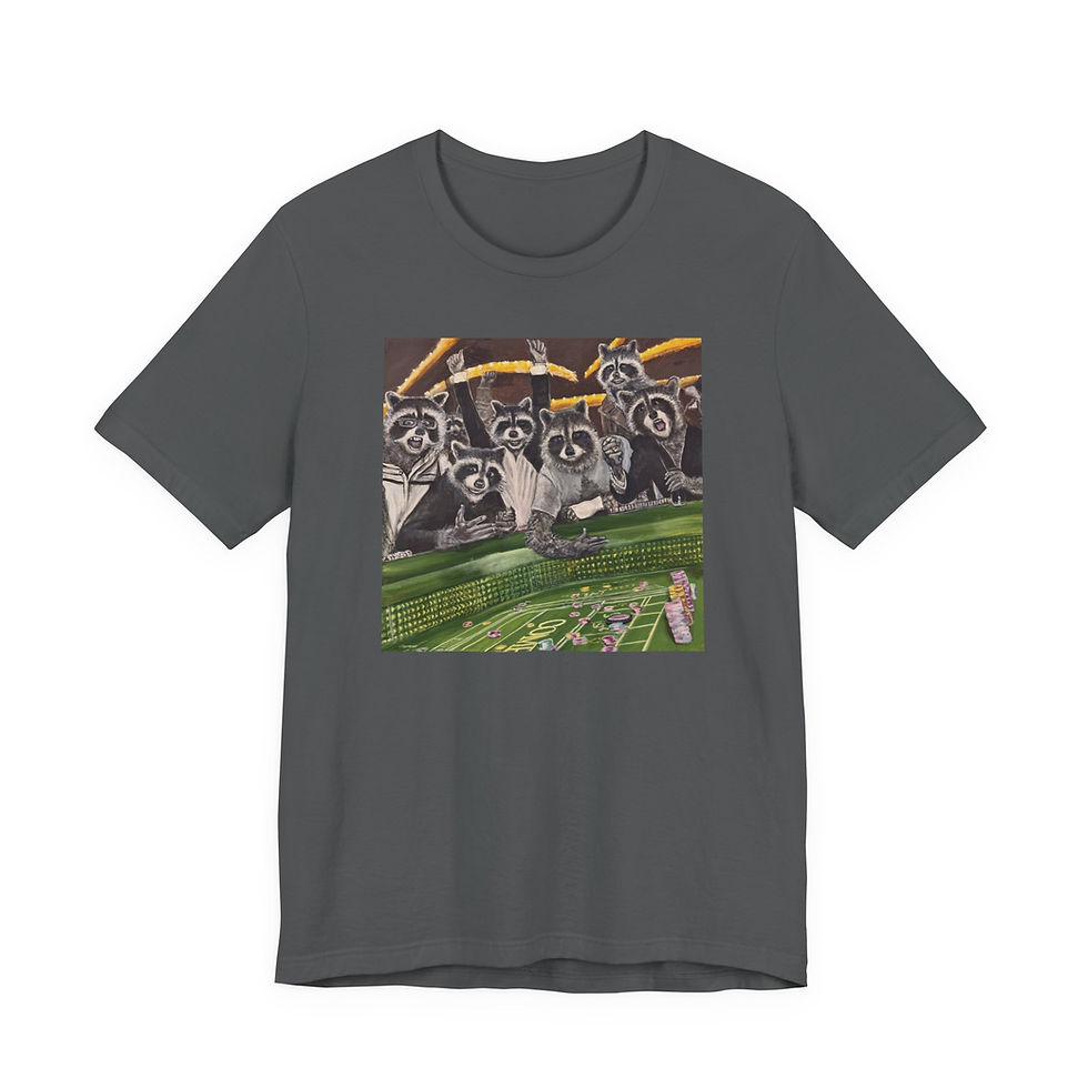 Thumbnail: Raccoons around a crap table gambling from hangover movie. Short Sleeve Tee. 