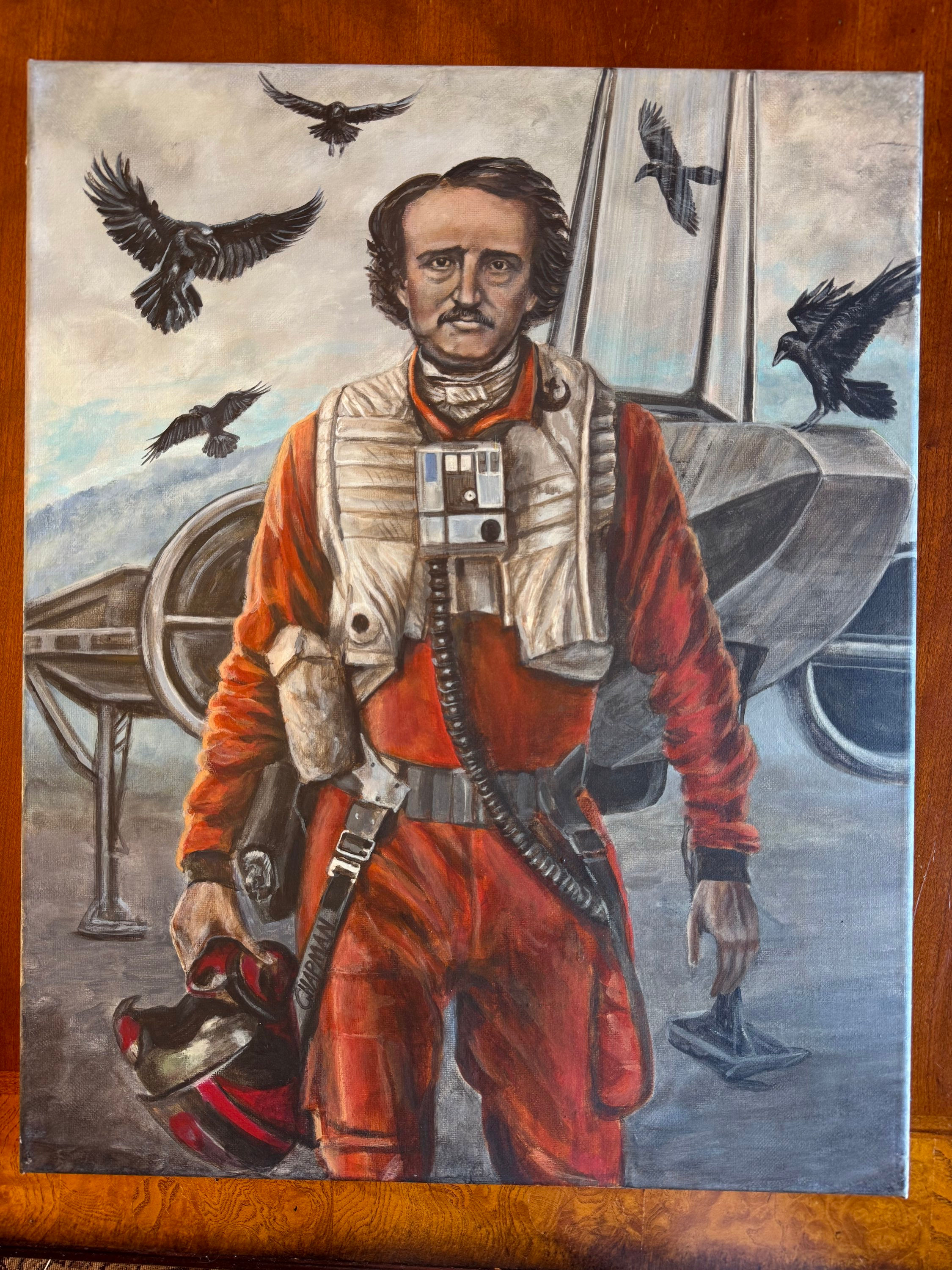 Edgar Allan Poe in a Star Wars rebel flight suit Poe Dameron with ravens x-wing