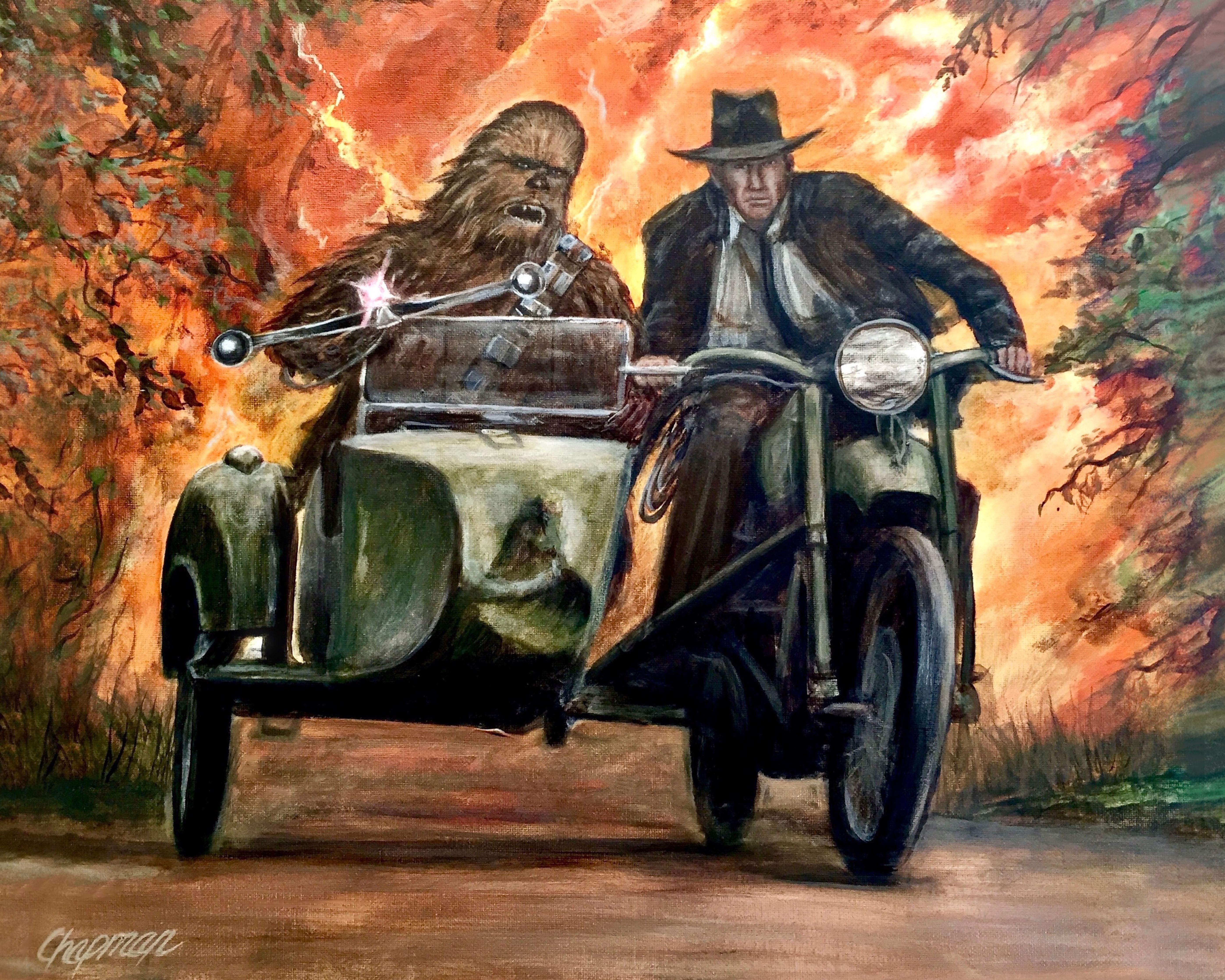 Chewie and Indian Jones on a Motorcycle. Indiana Jones, Star Wars mashup.