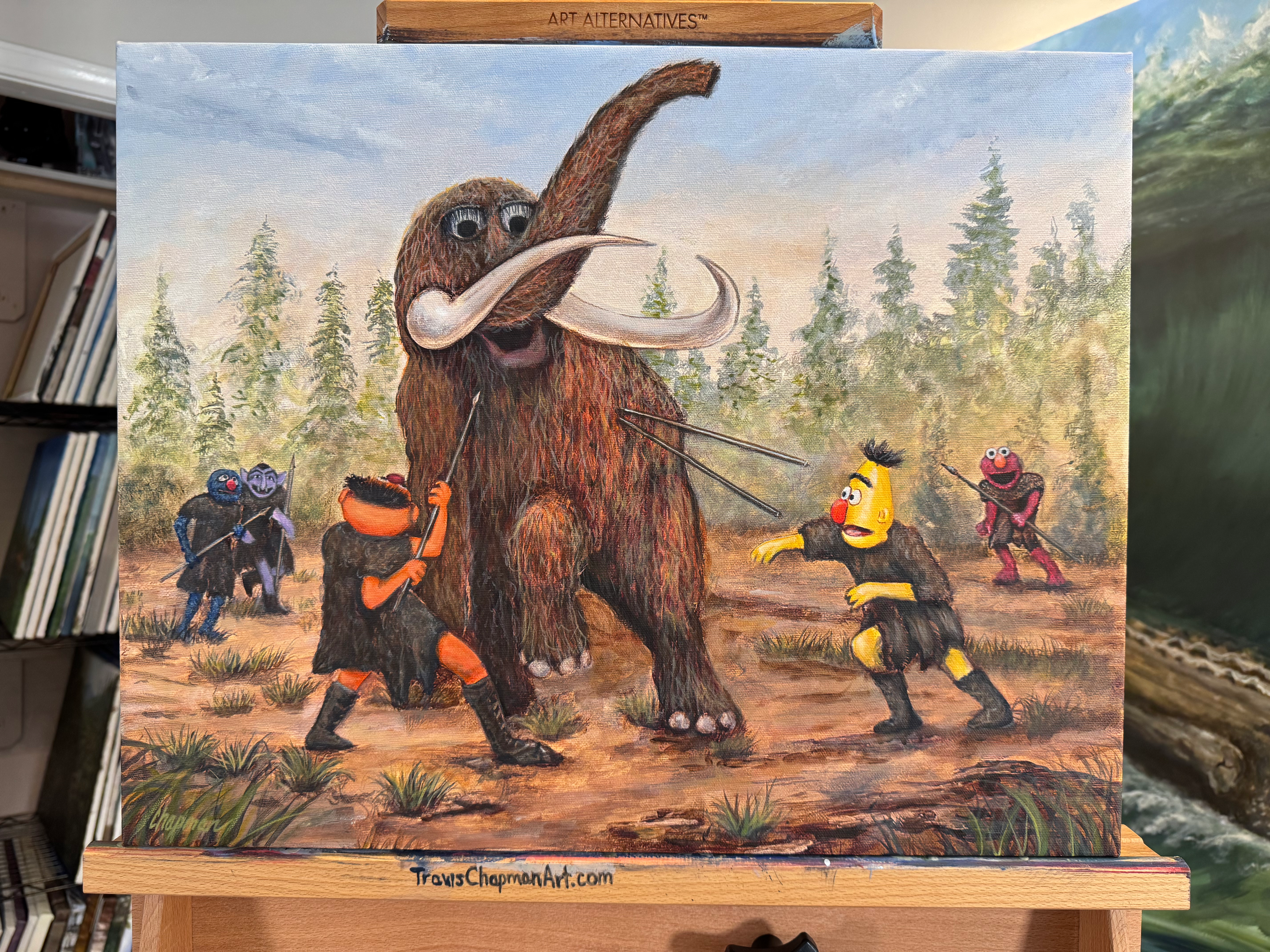 Prehistoric Sesame Street, Mammoth Hunt hand, embellished canvas print