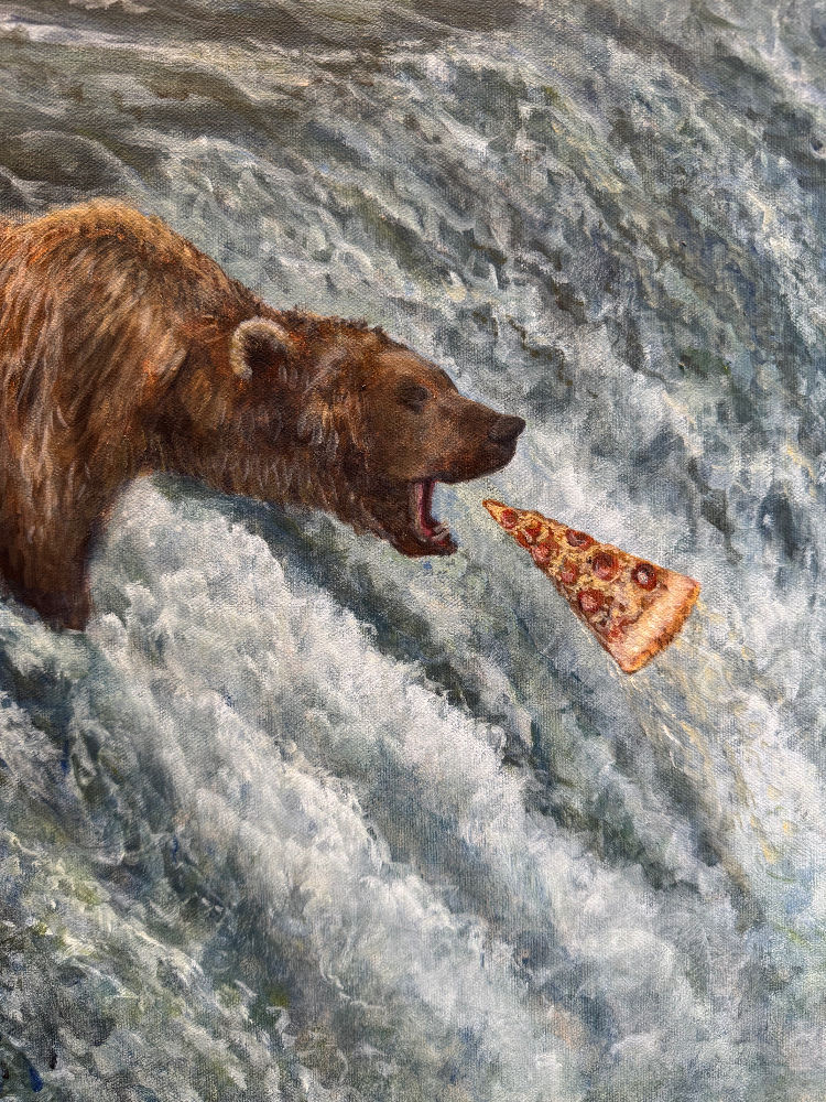 River, pizza bear, eating pizza like a salmon