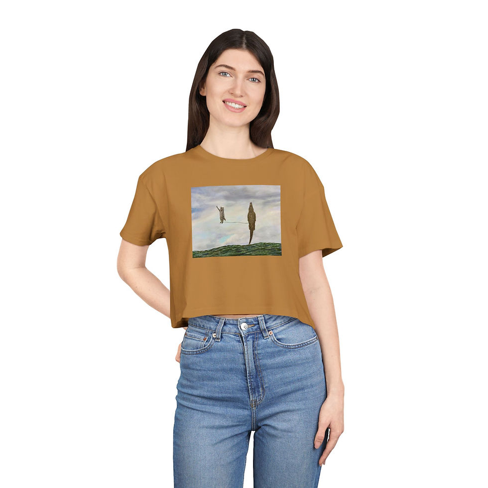 Thumbnail: Raccoon surfing jumps out of a wave with a gator surf board. Women's  Crop Tee