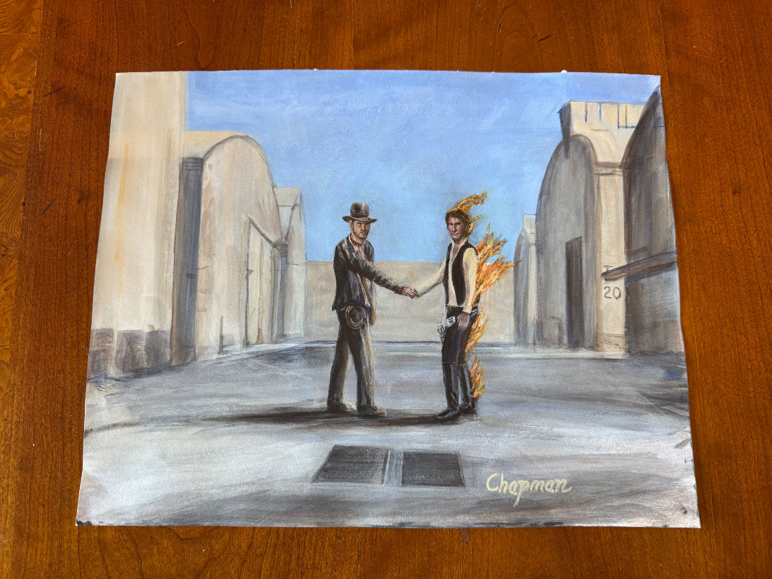 Indiana Jones meets Han Solo. Wish you were here album cover. Original 11” x 14”
