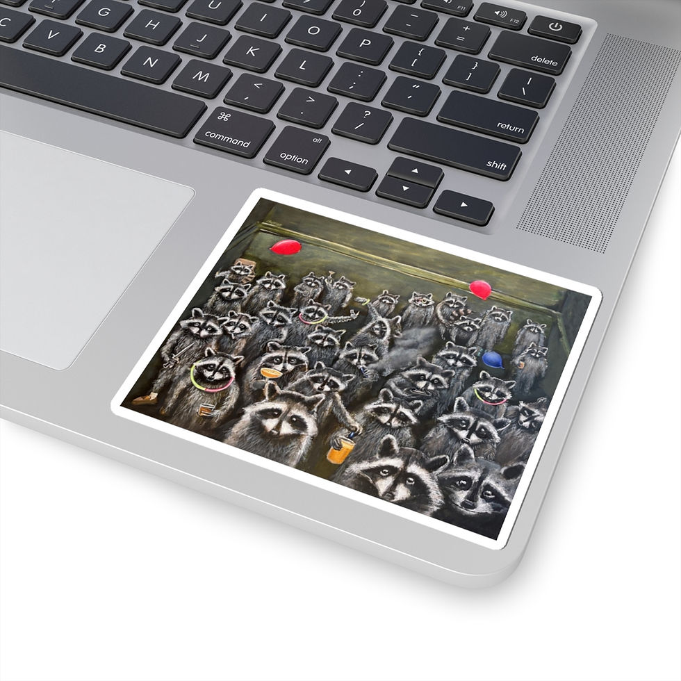 Thumbnail: Dumpster rave, raccoons in a dumpster having a party. Kiss-Cut Stickers