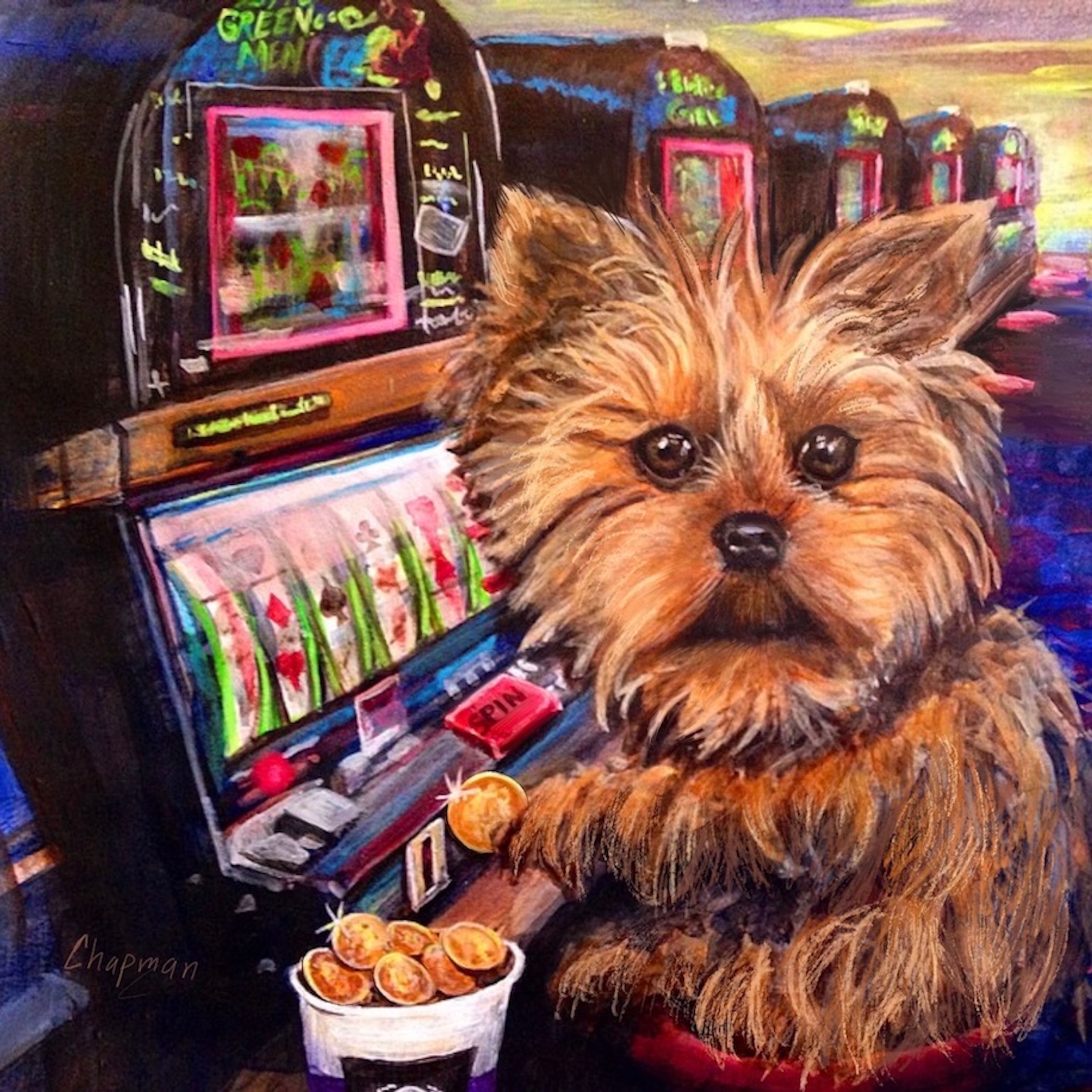 Gambling Yorkie. Yorkshire Terrier playing the slots. Found my puppy at the Casino.