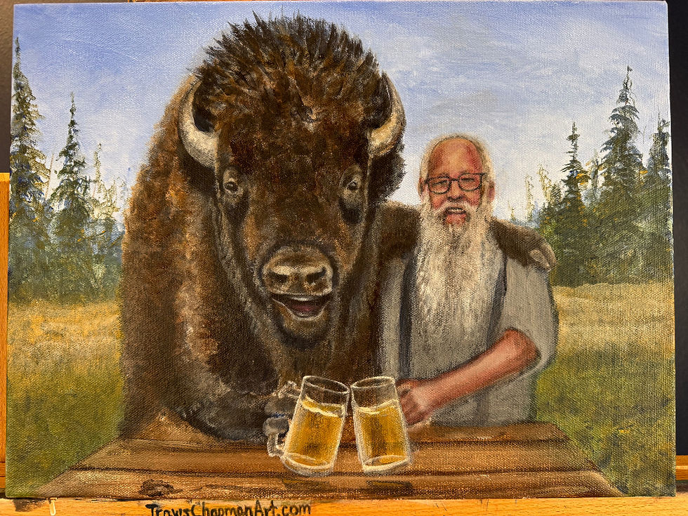 Bison and man make friends and share a beer original painting 11“ x 14“