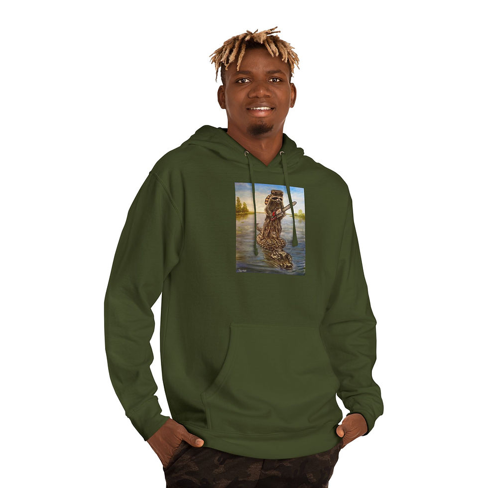 Thumbnail: Raccoon wearing coonskin hat holding a chainsaw. Unisex Hooded Sweatshirt