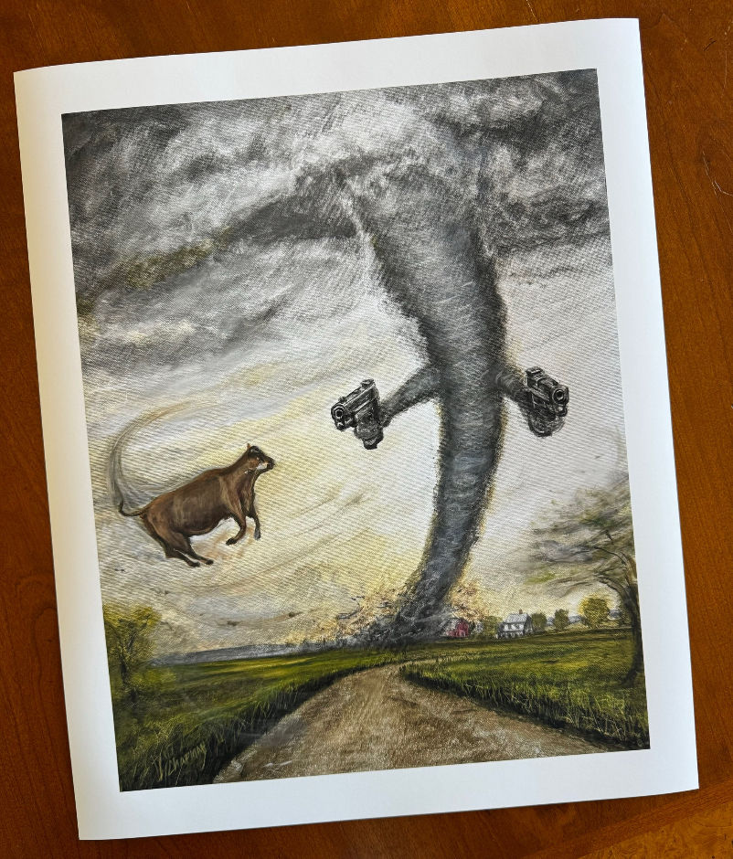 Thumbnail: Cow flying in a Tornado with pistols.  Archival print.