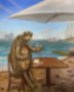 Sea turtle at table by beach. "Thank you for the paper straws. It means a lot." Artist signed, original acrylic painting. 16”