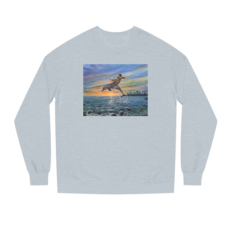 Thumbnail: Sea turtle in cowboy hat, rodeo ride on a dolphin. Unisex Crew Neck Sweatshirt