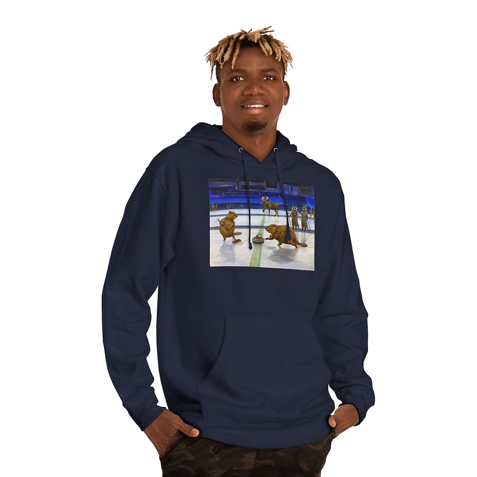 Thumbnail: Olympic curling beavers, raccoons and moose. Unisex Hooded Sweatshirt
