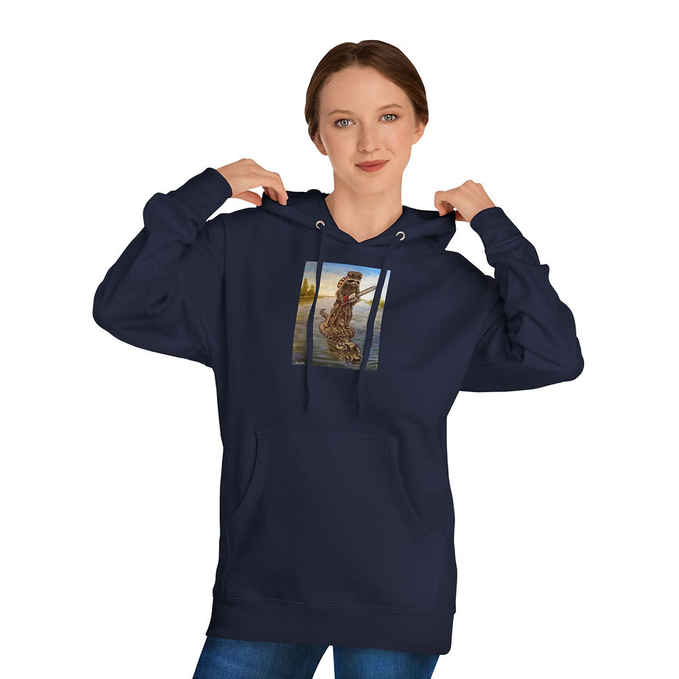 Thumbnail: Raccoon wearing coonskin hat holding a chainsaw. Unisex Hooded Sweatshirt
