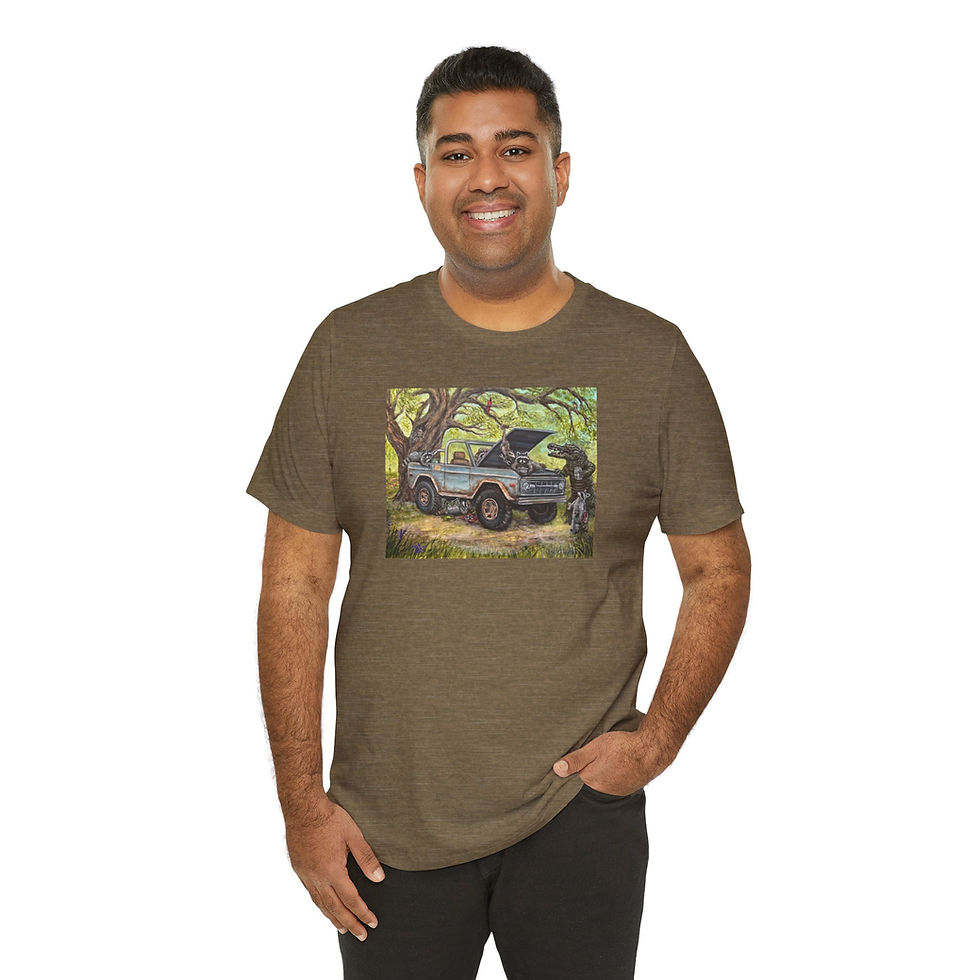 Thumbnail: Shade tree mechanics, raccoons, fixing a bronco. Jersey Short Sleeve Tee.