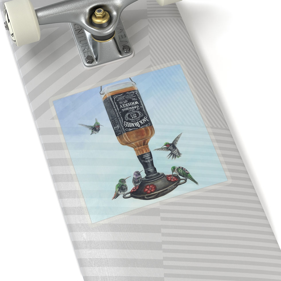 Thumbnail: Biker bar Hummingbirds at a feeder. Wearing leather jackets. Stickers