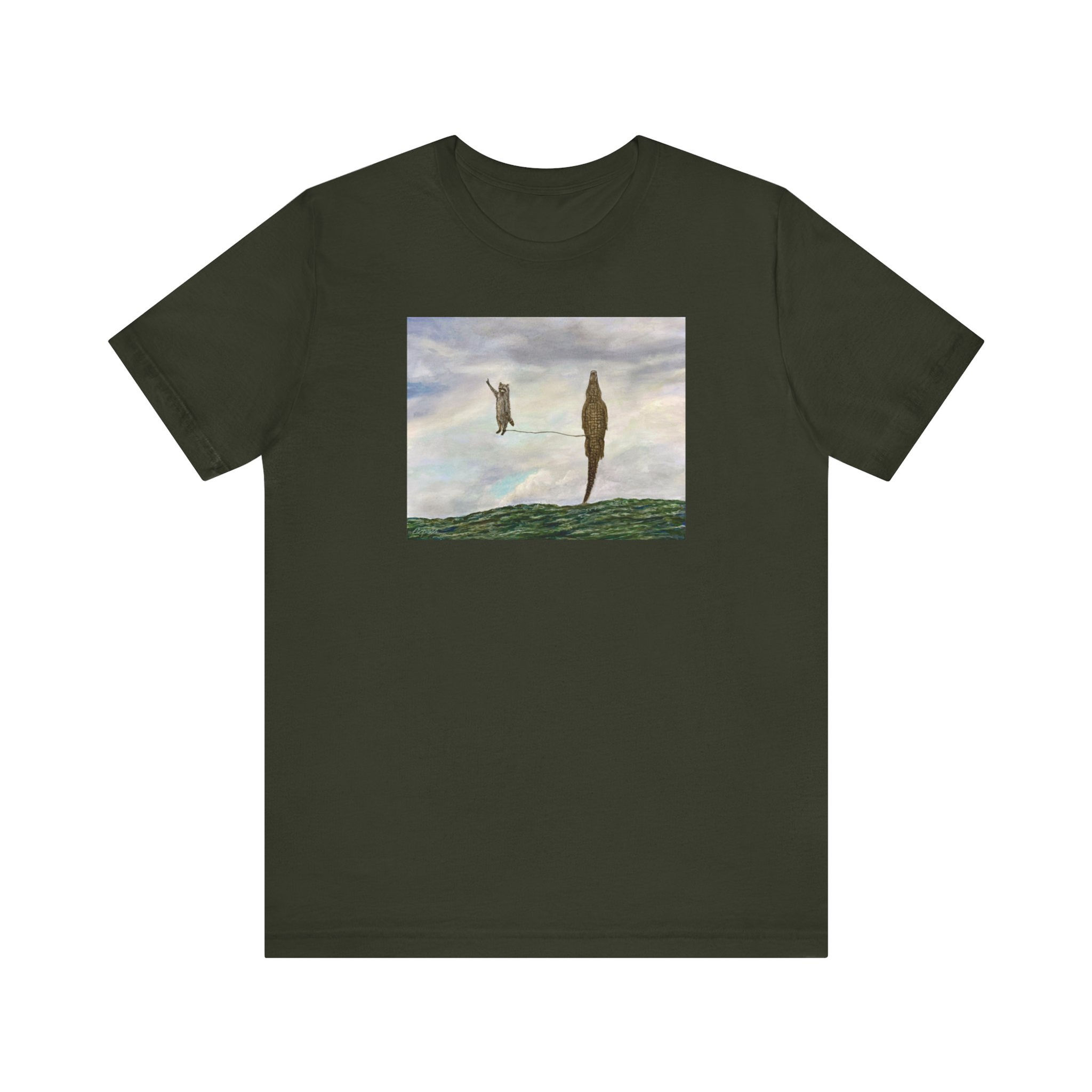 Raccoon surfing jumps out of a wave with a gator surf board. Short Sleeve Tee. 