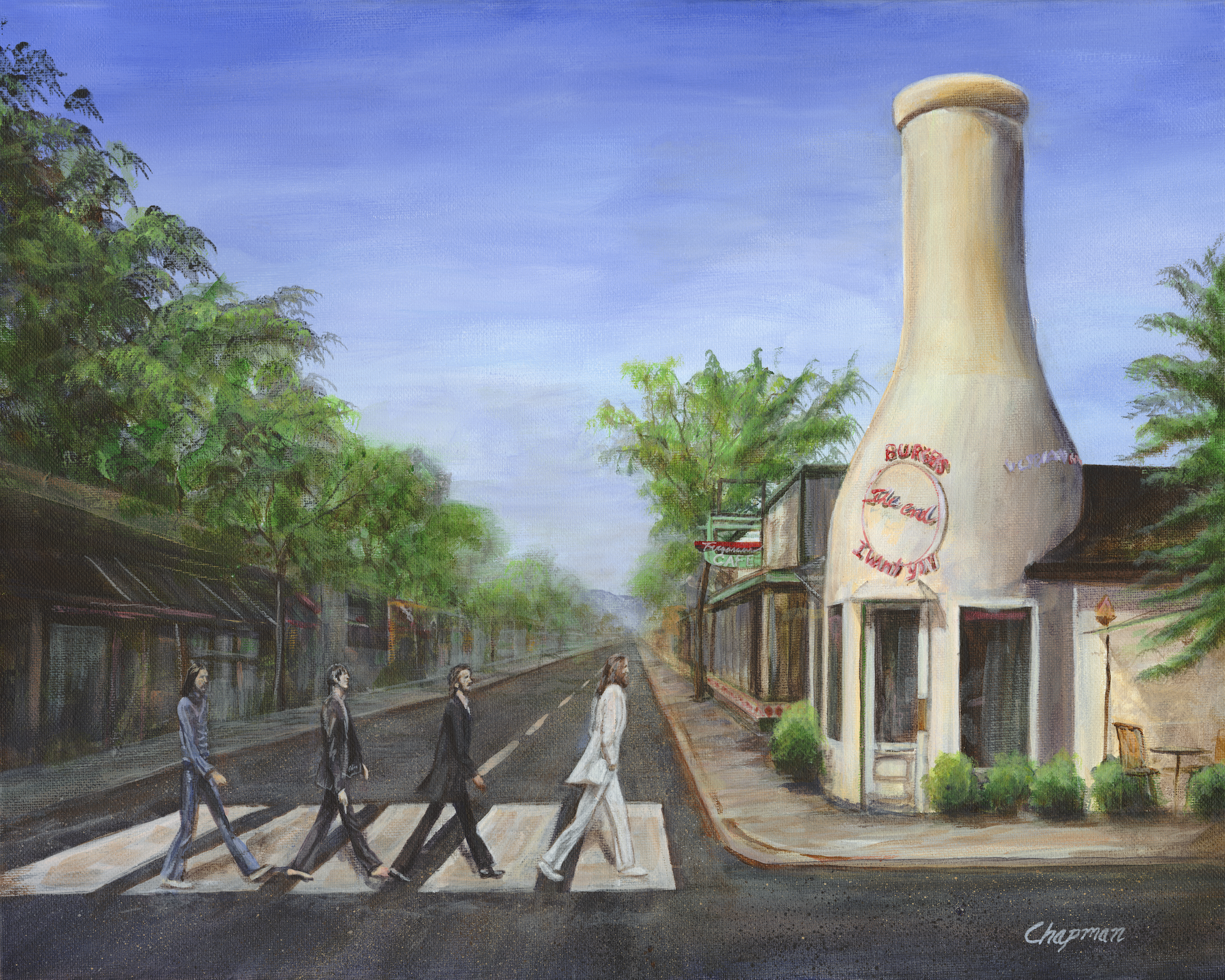 TThe Beatles Abbey Road crosswalk and Garland milk bottle Spokane, WA