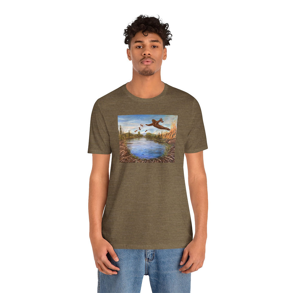 Thumbnail: Bigfoot dives saves forest babies. Jersey Short Sleeve Tee.