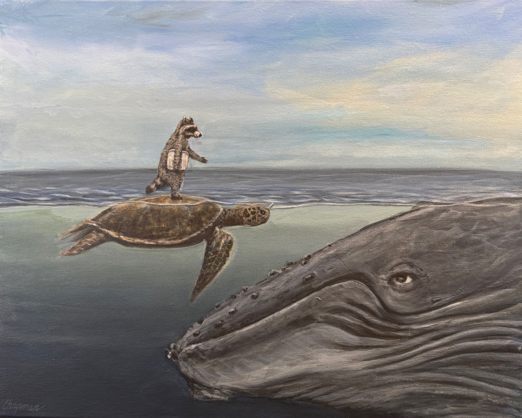 Kip negotiates a ride with a whale while standing on a coke turtle.