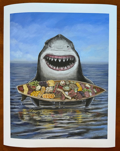 Sharkuterie. Shark holding a charcuterie board. | Travis Chapman Art