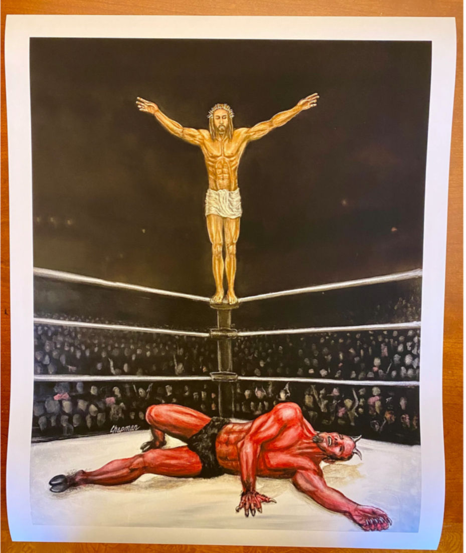 Thumbnail: Jesus and the Devil Wrestling. The battle of good and evil. T pose from top rope Artist signed print.