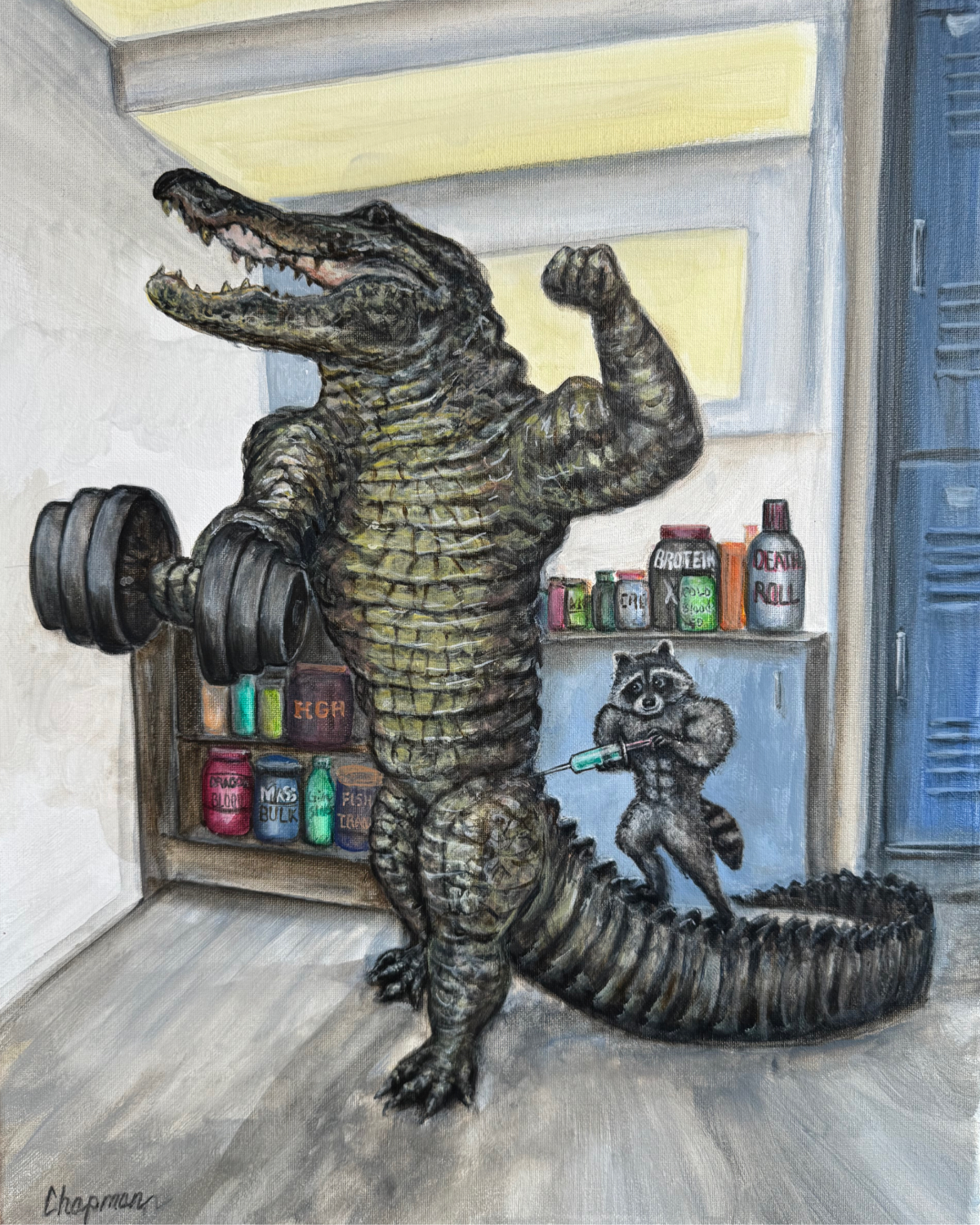 Kip injecting steroids into a muscular alligator named Sturgill.