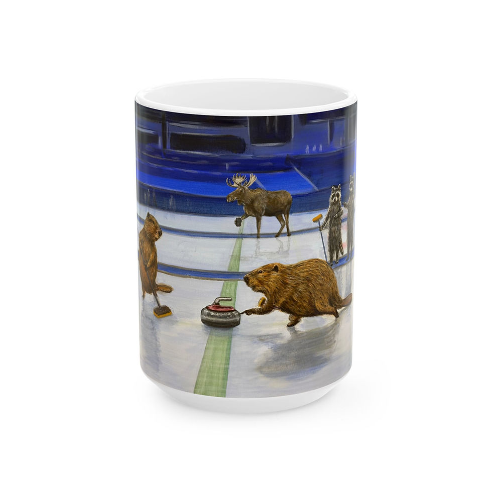 Thumbnail: Olympic curling beavers, raccoons and moose, controversy.  Mug 11oz or 15oz