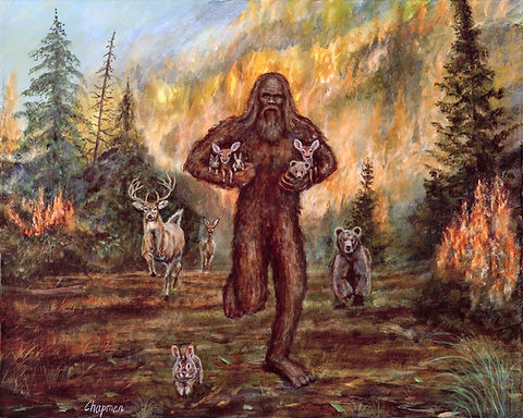 Bigfoot saves baby animals from a forest fire. Sasquatch saving