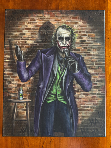 The Joker doing stand up at a club telling jokes brick back ground