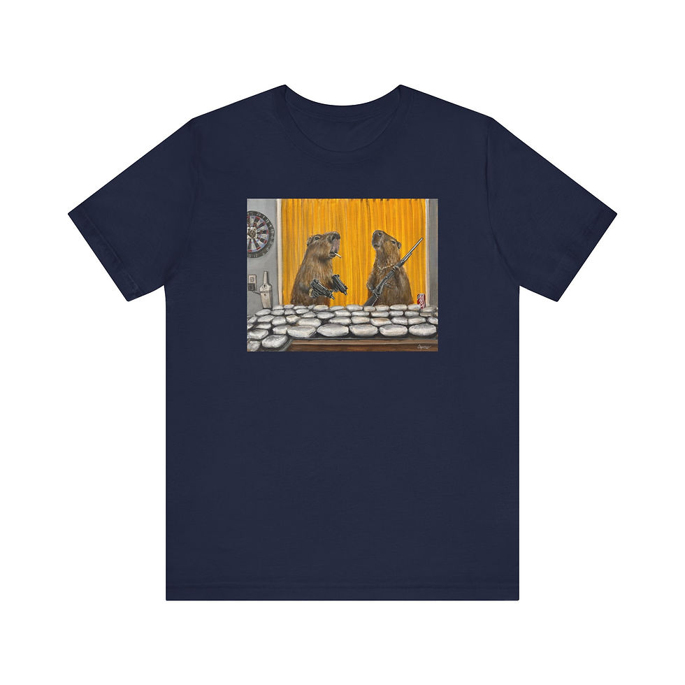 Thumbnail: Capybara cartel cocaine table with uzi and shotgun. Jersey Short Sleeve Tee.