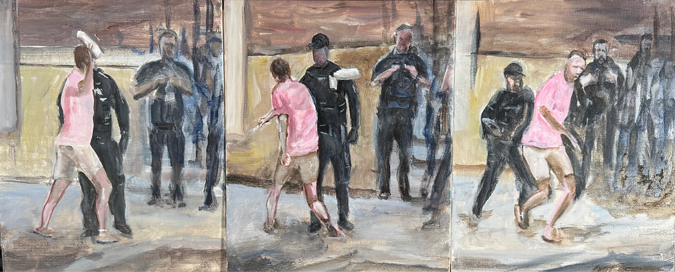 Thumbnail: Sandwich guy in a pink shirt throws it at a cop runs fast and gets arrested.