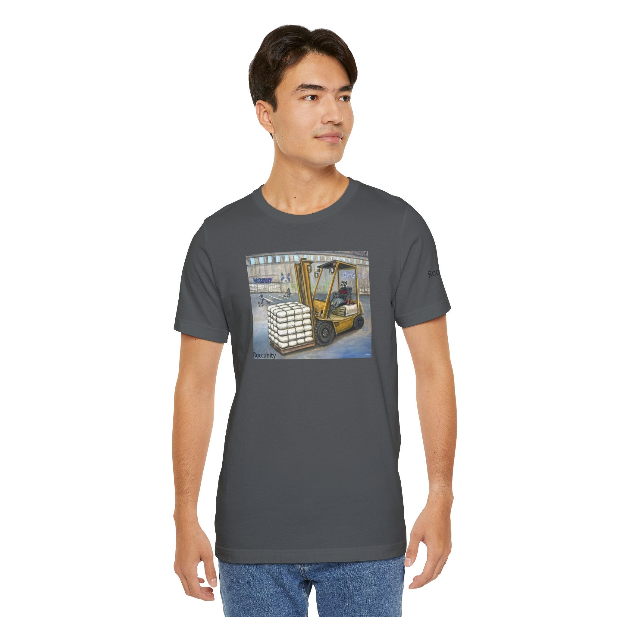Raccunity. Kip driving a forklift In a warehouse. Short Sleeve Tee.