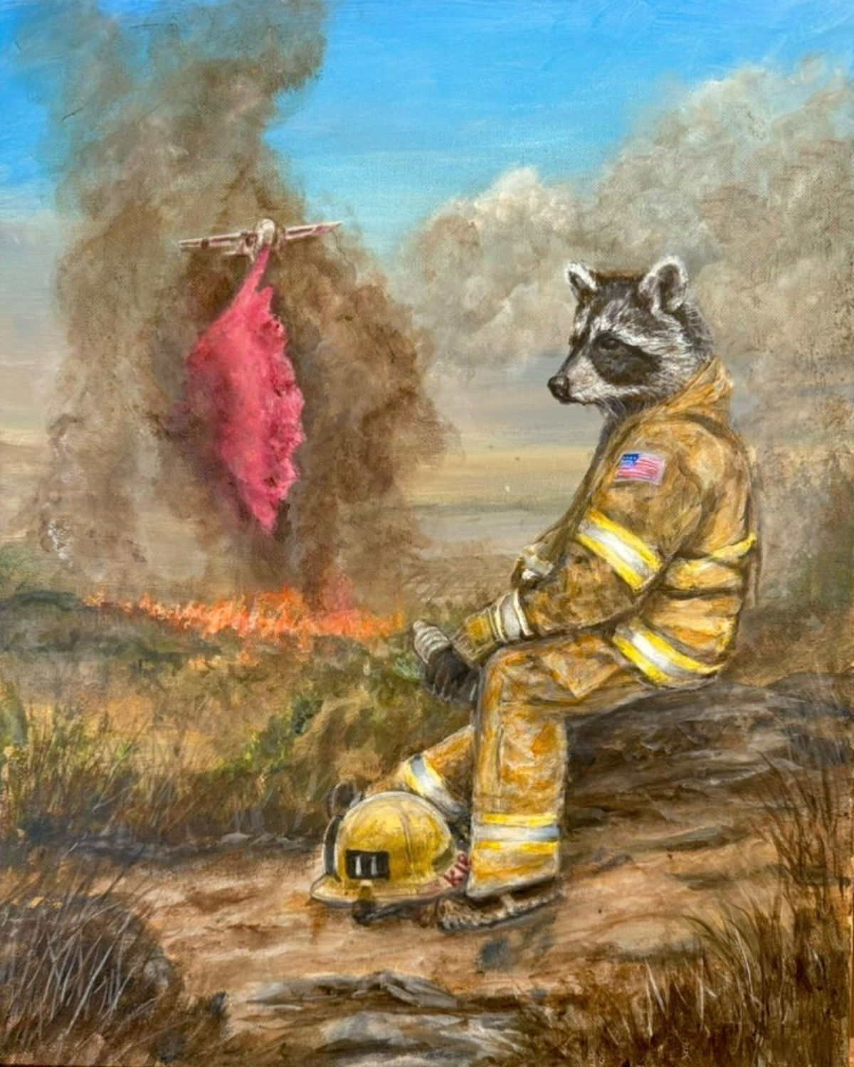 Kip the Raccoon fireman taking a break to drink some water.