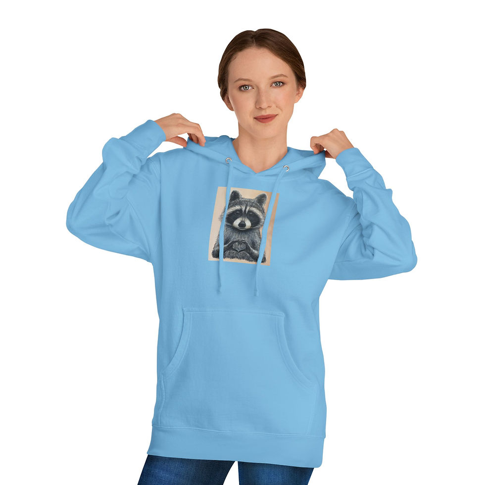 Thumbnail: Cute raccoon Kip, making a heart sign with his paws. Unisex Hooded Sweatshirt