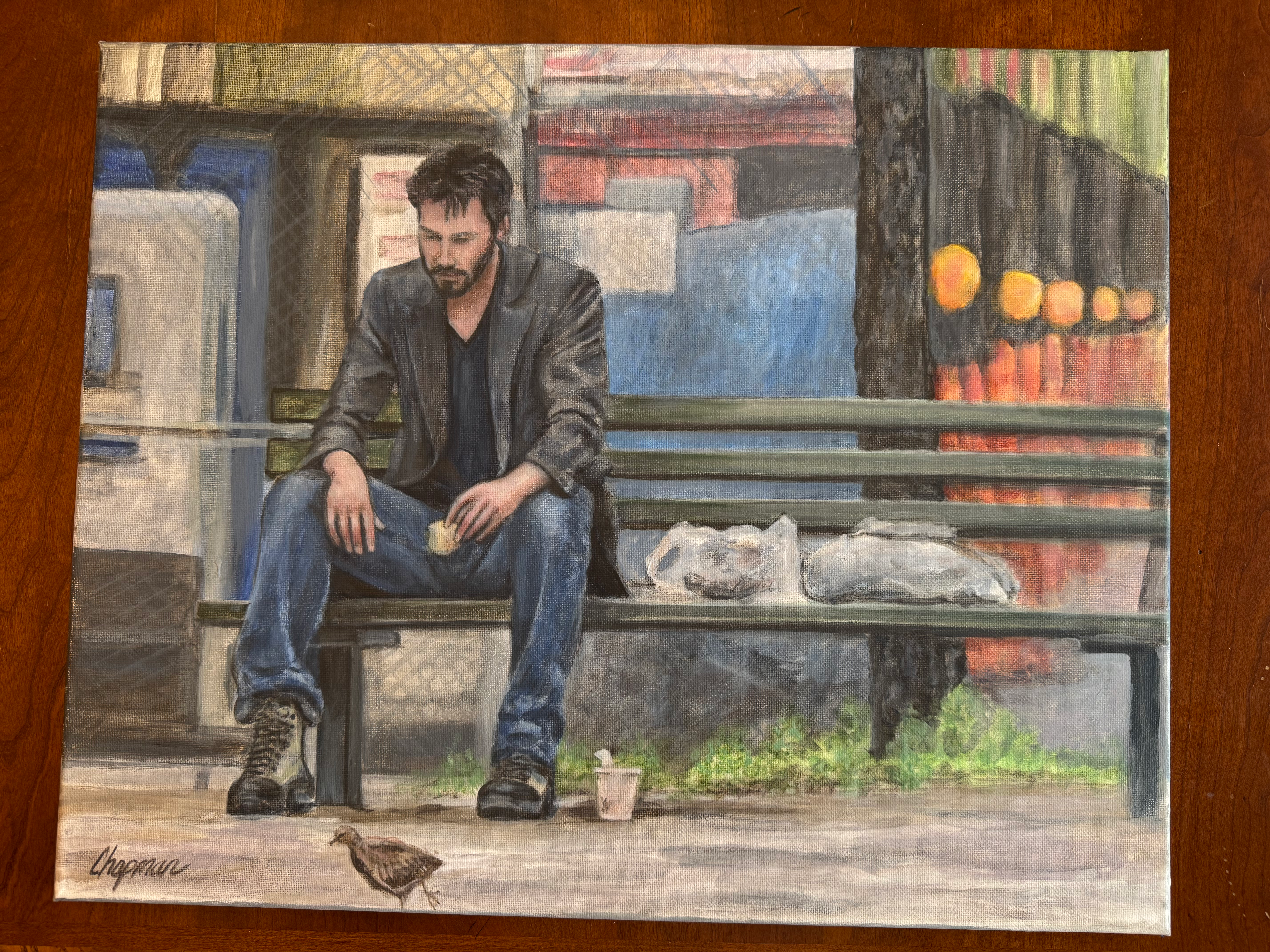 Keanu Reeves, eating alone on a bench bird in foreground classic meme original